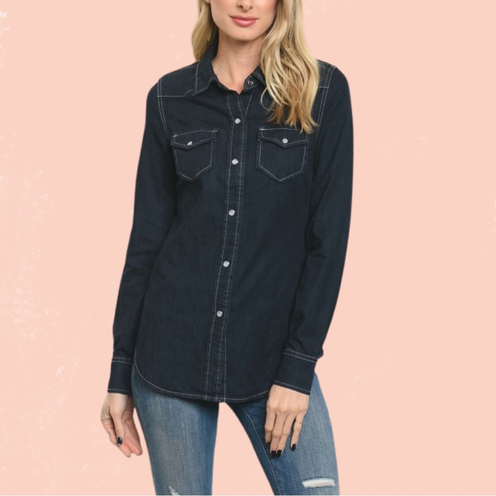 100% Cotton Denim Dark Wash Pearl Snaps Round Hemline Button Up Shirt Litz SML